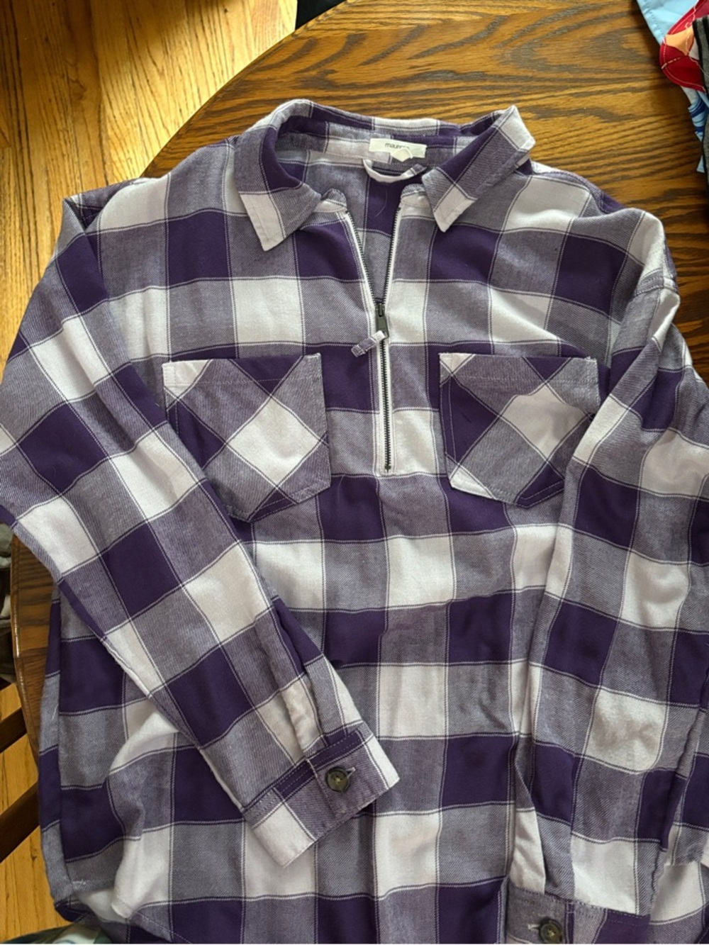 Maurices Purple and White Plaid Half-Zip Shirt